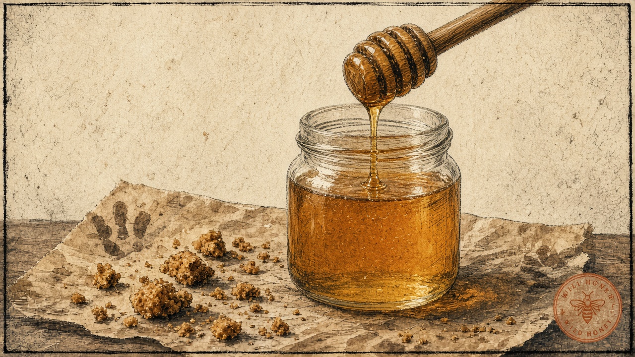 Honey jar and spoon on kraft paper — kitchen sweetener still life, not a pharmacy