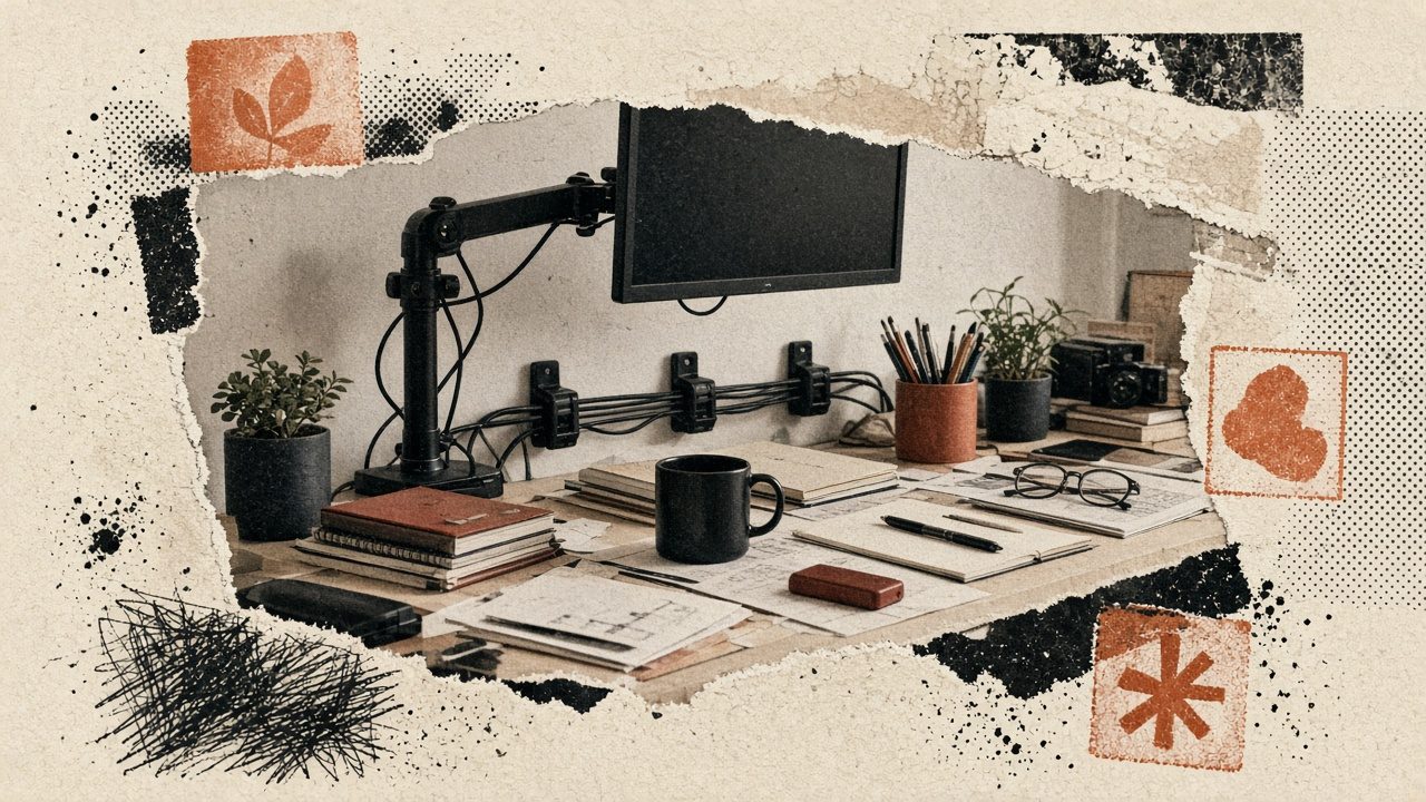 Monitor arm reclaiming desk footprint — eye-line height