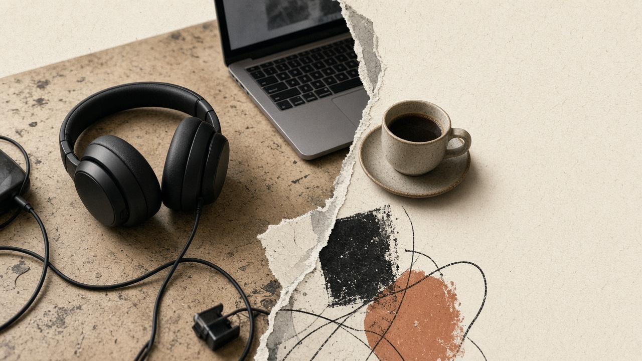 Noise-canceling headphones on blotter — focus tool still life