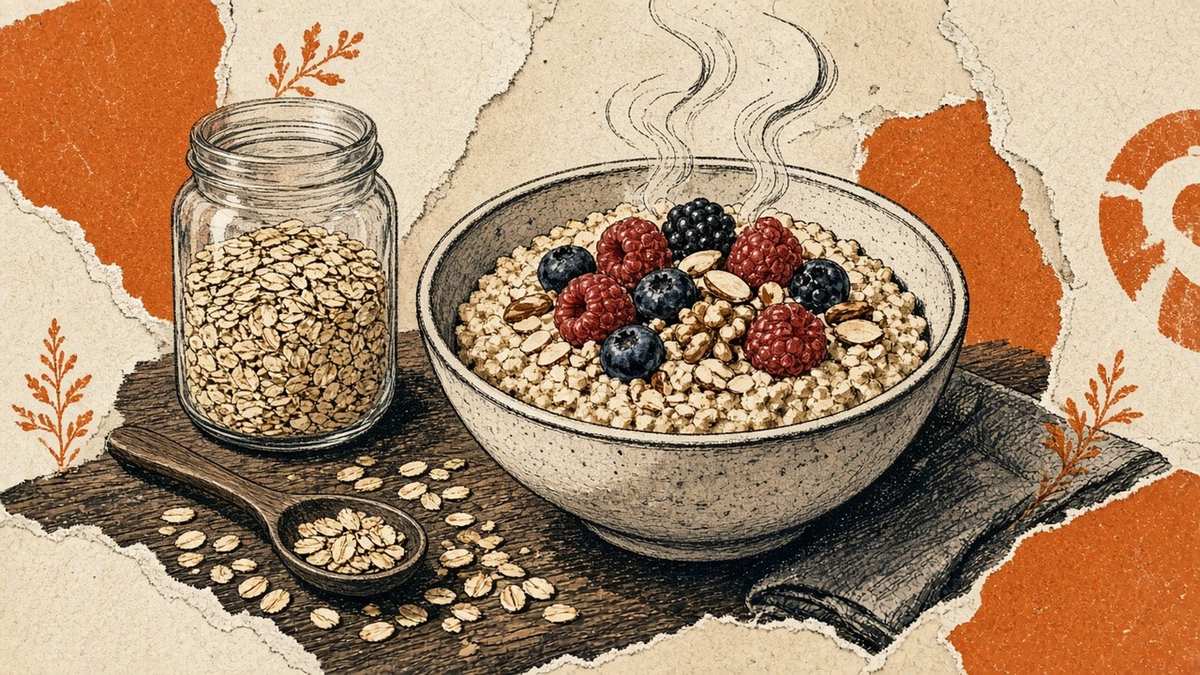 Bowl of oatmeal with toppings — cheap, warm breakfast still life