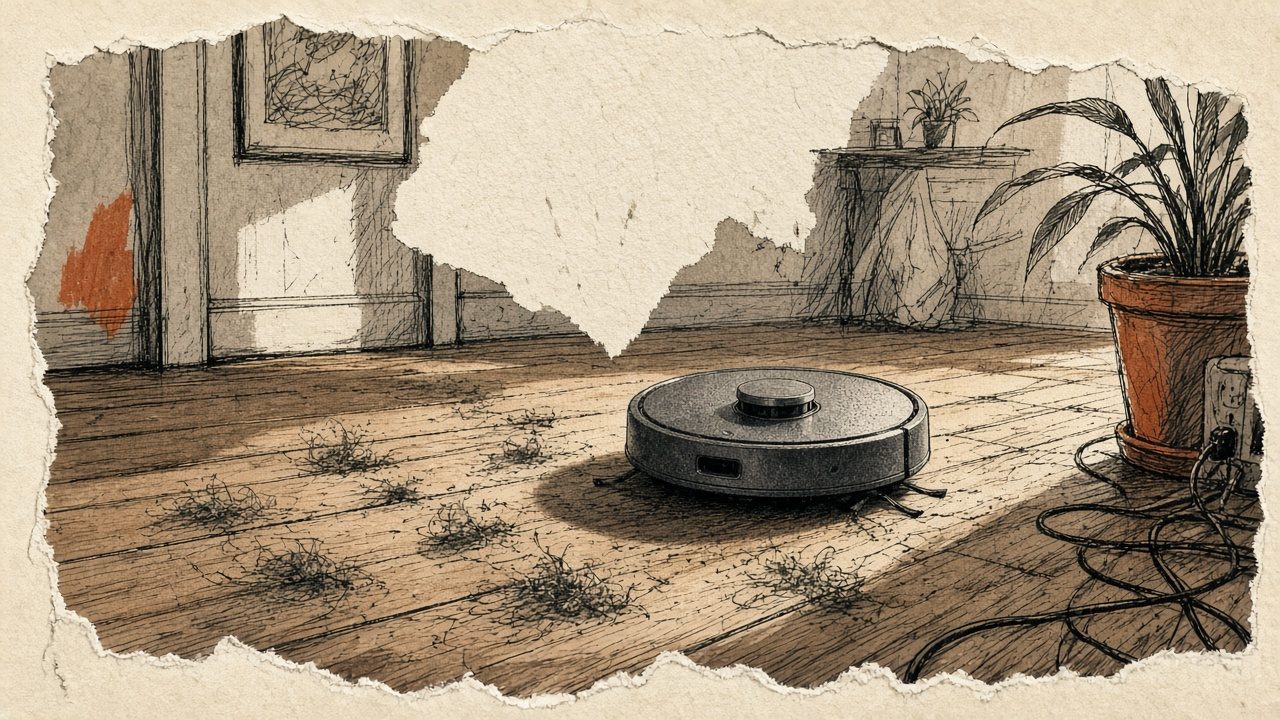 Robot vacuum on hard floor — clear paths, empty the bin