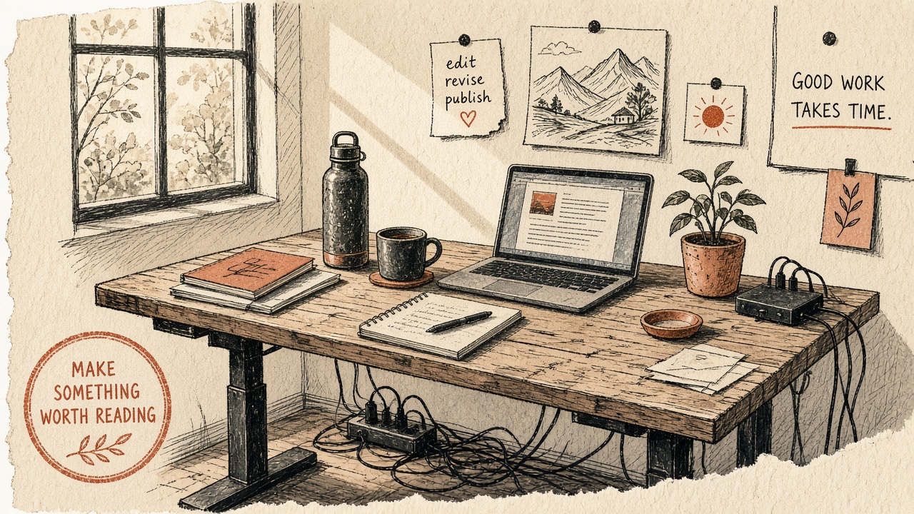 Sit-stand desk silhouette mid-raise — alternating height, hard ink shadow